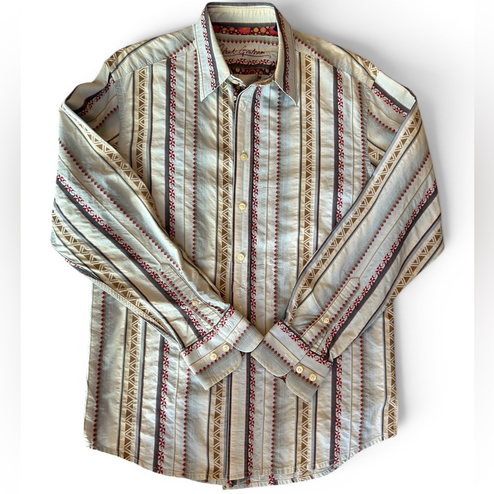 Robert Graham Cream Shirt with Beige & Red Stripe Pattern hidden designs L